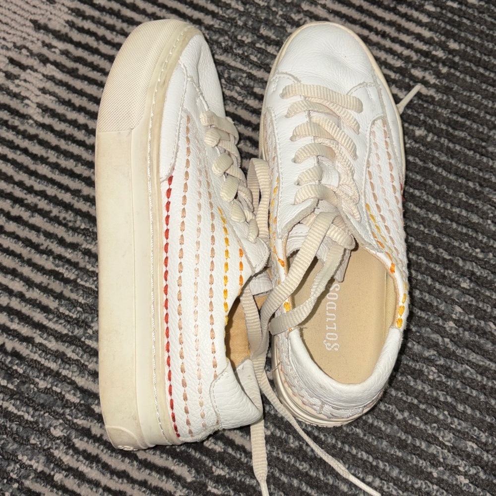 Soludos Women’s White Leather Sneakers with Yellow Trim